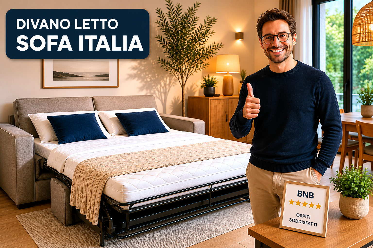 Divano Letto Unico Sofa Italia aperto in salotto con ospite soddisfatto