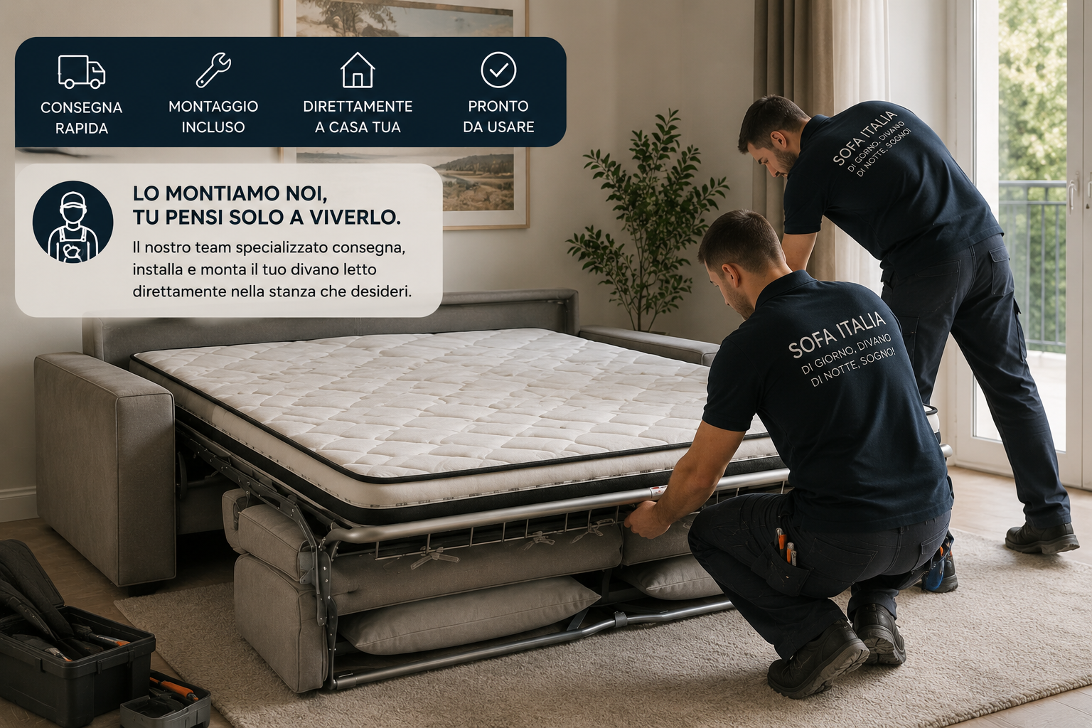 Team Sofa Italia che monta un divano letto a casa del cliente