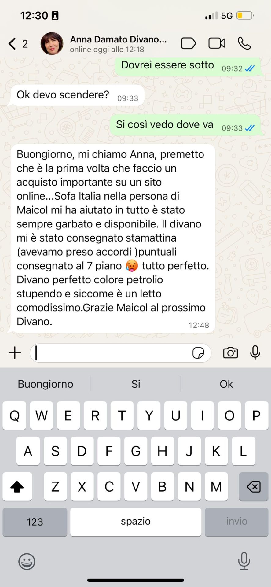 Conversazione WhatsApp cliente Sofa Italia 1